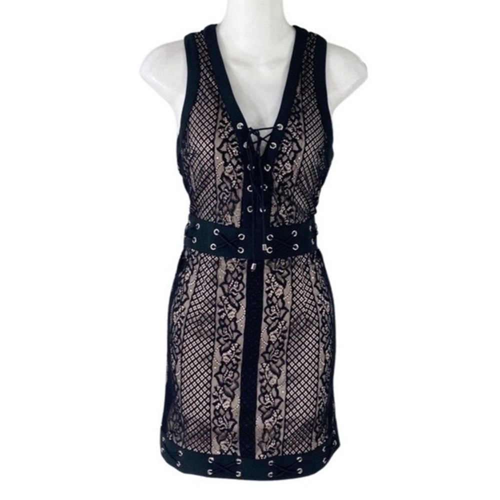 NWT L’Atiste Desire Black Nude Lace Lace-up mini dress Medium M UU29